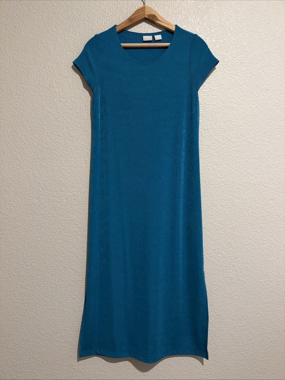 NEW Chicos Maxi Dress Blue Green Teal Side Slit Travel Office Modest Sz 4 Petite
